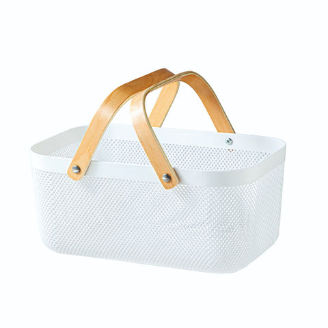 Plastic Basket with Wooden Handle Large White**