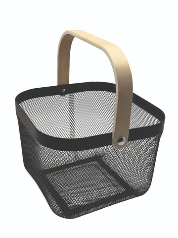 Metal Mesh Basket with Wooden Handle Black